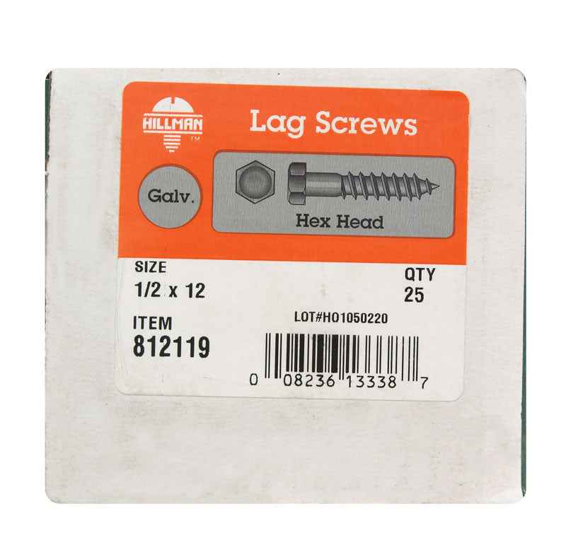 HILLMAN 1/2 in. X 12 in. L Hex Hot Dipped Galvanized Steel Lag Screw 25 pk