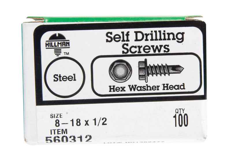 Hillman No. 8-18 X 1/2 in. L Hex Hex Washer Head Self- Drilling Screws 100 pk