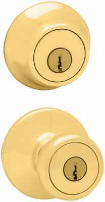 Kwikset Tylo Polished Brass Deadbolt and Entry Door Knob 1-3/4 in.