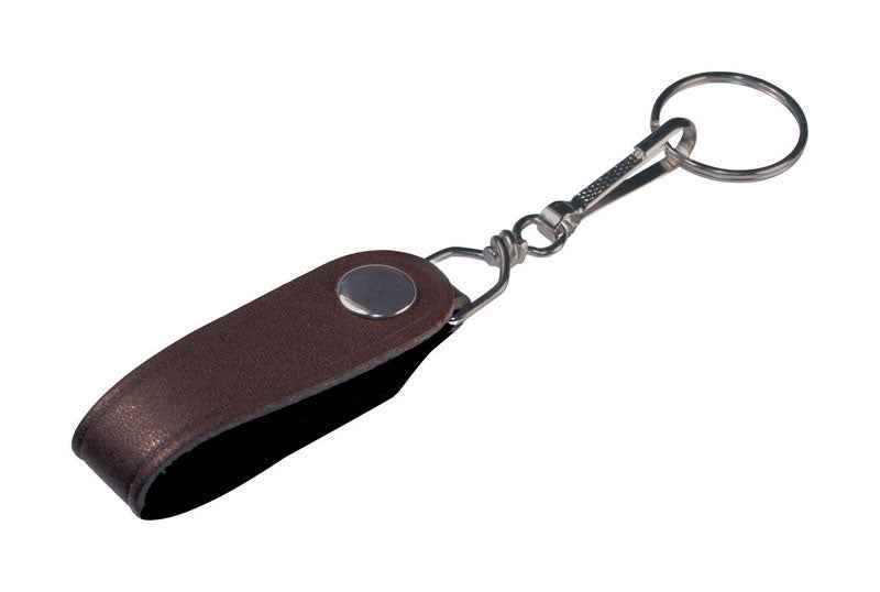 K and S leather belt hook keychain in dark brown leather with metal ring and snap closure for keys
