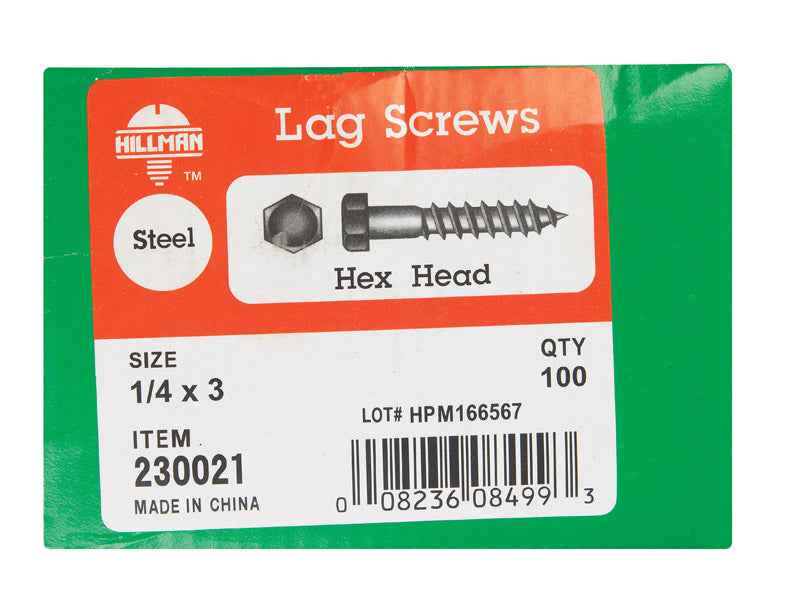 Hillman 1/4 in. X 3 in. L Hex Zinc-Plated Steel Lag Screw 100 pk