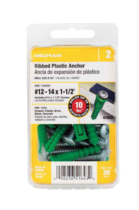 Hillman 1/4 in. Dia. x 1-1/2 in. L Plastic Ribbed Head Ribbed Anchor 20 pk (Pack of 5)
