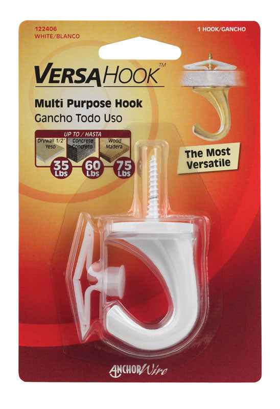 Hillman White Ceramic/Zinc Large Versa Hook 35 lb. Drywall; 75 lb. Wood 1 pk (Pack of 5)