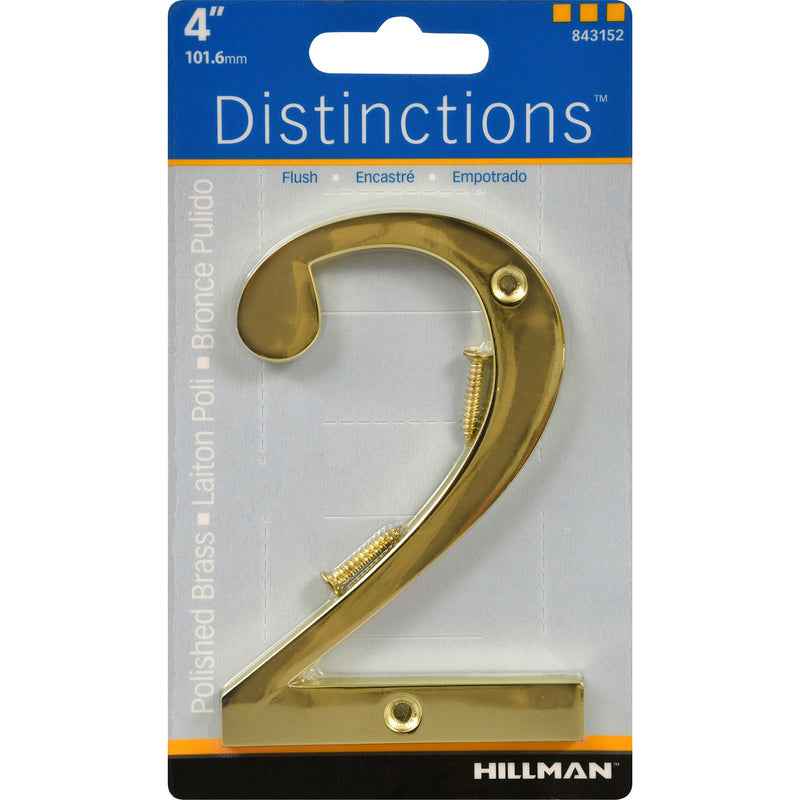 Hillman Distinctions 4 in. Gold Brass Screw-On Number 2 1 pc (Pack of 3)