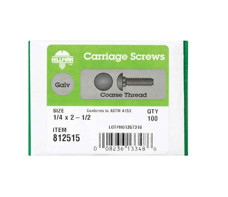 Hillman 1/4 in. X 2-1/2 in. L Hot Dipped Galvanized Steel Carriage Bolt 100 pk