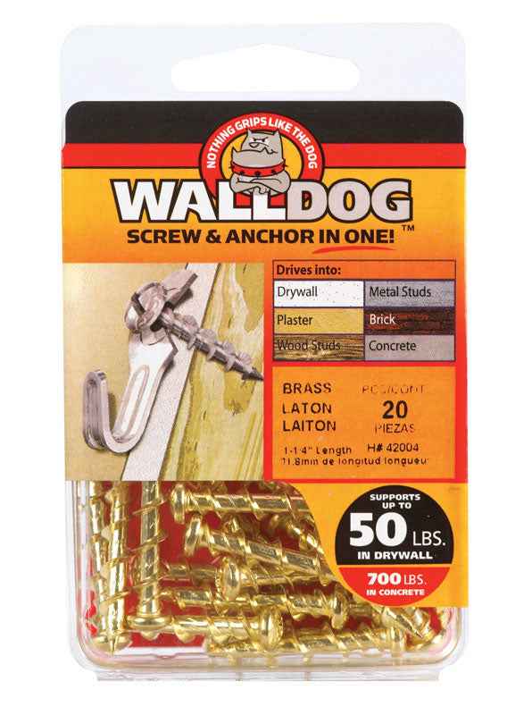 Hillman 3/16 in. Dia. x 1-1/4 in. L Brass Pan Head Walldog Screw & Anchor 20 pk (Pack of 10)