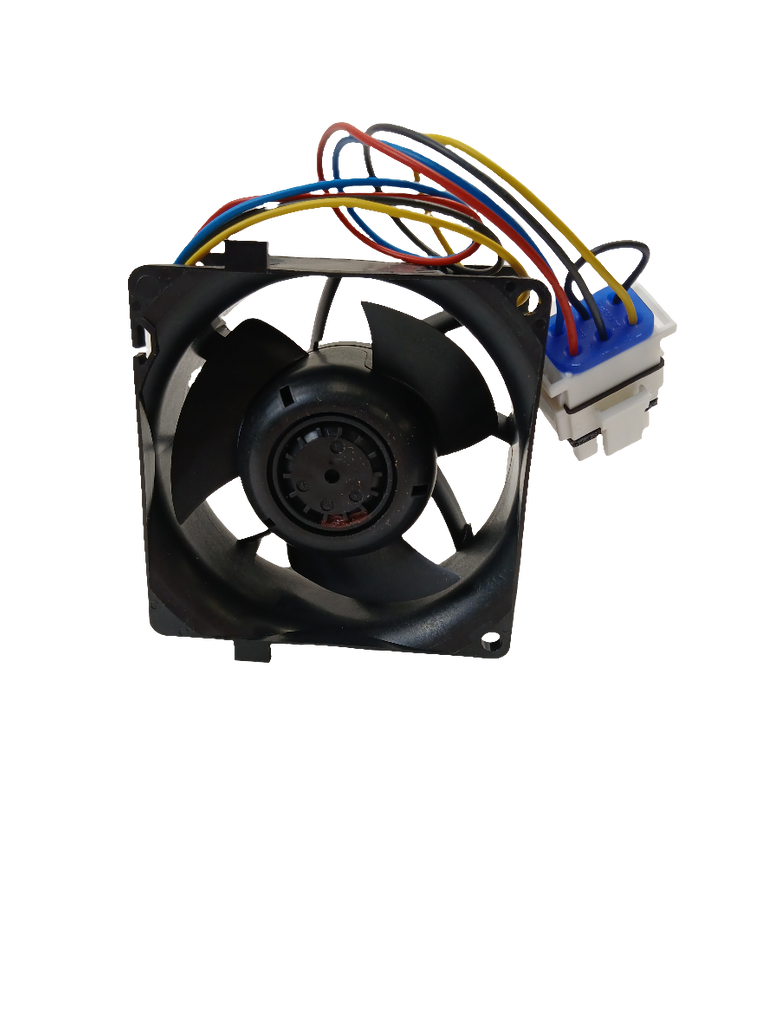 XPart Supply WG03F06676 refrigerator evaporator fan assembly with black square housing multi colored wires and white connector