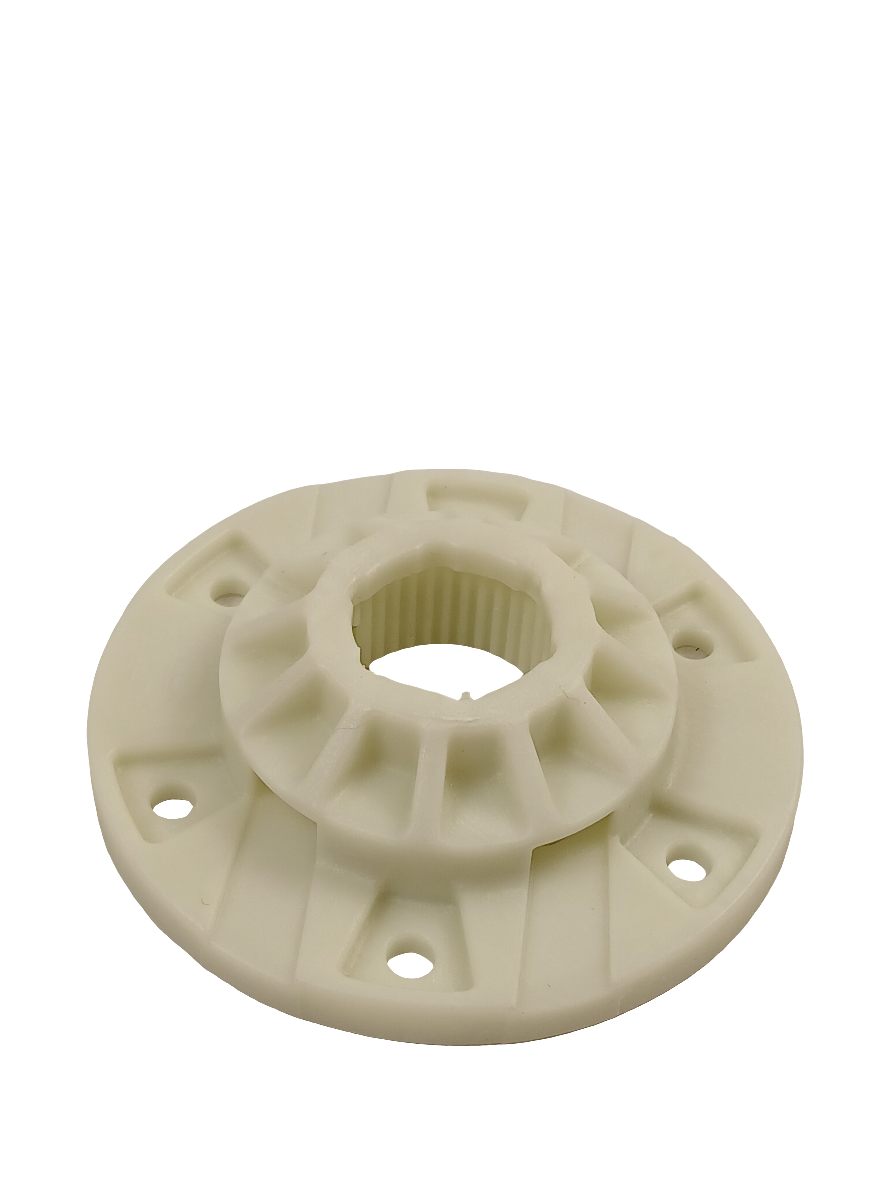 White plastic W10528947 washer drive hub kit replacement part with splined center and mounting holes