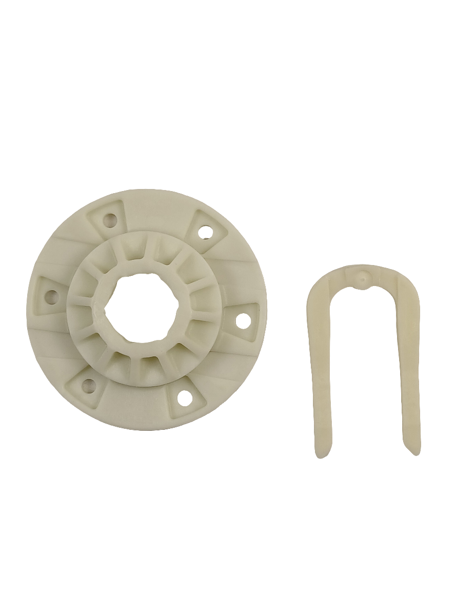 W10528947 washer drive hub kit white plastic drive hub and retaining clip on black background by XPart Supply