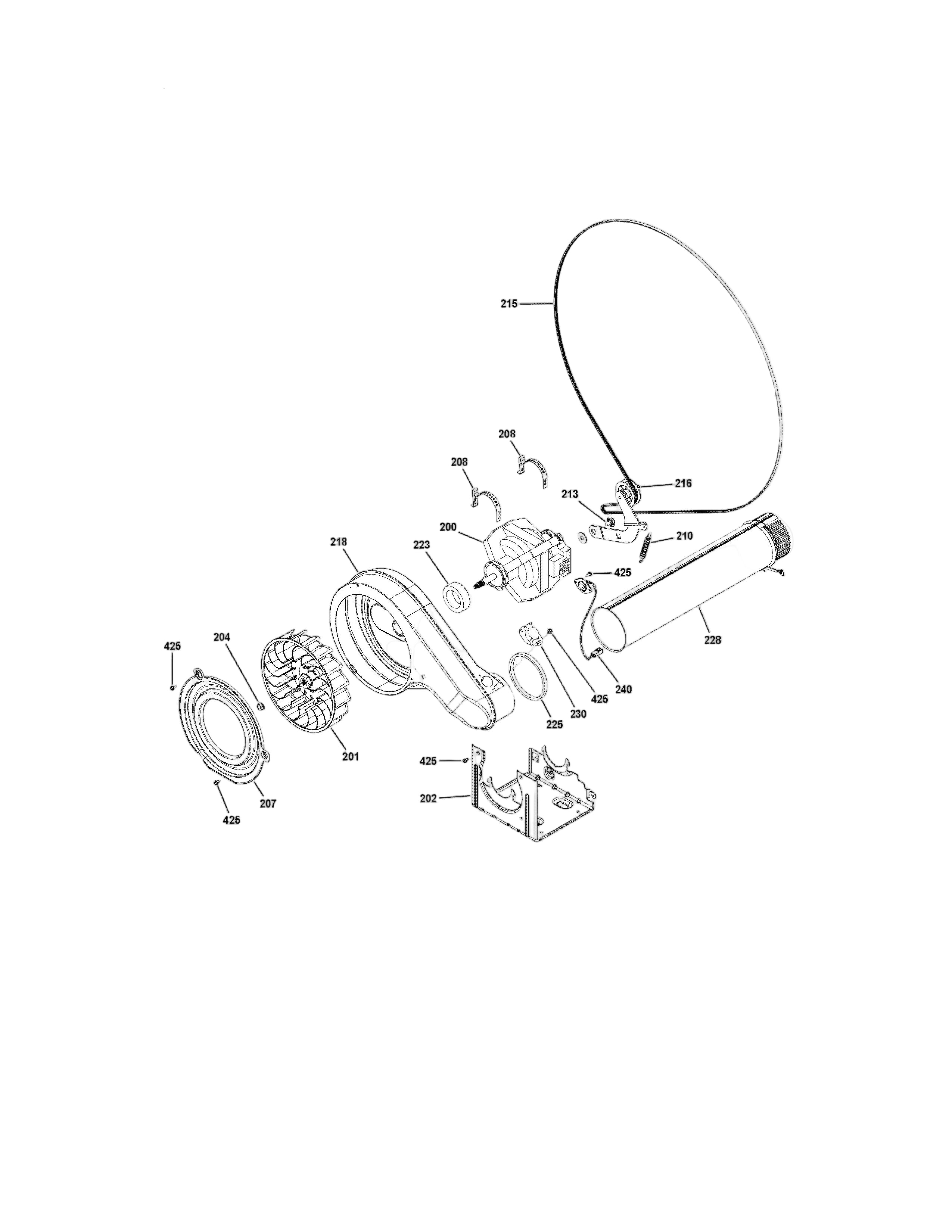 Exploded parts diagram showing dryer motor housing duct and WG04A05105 dryer blower wheel replacement assembly