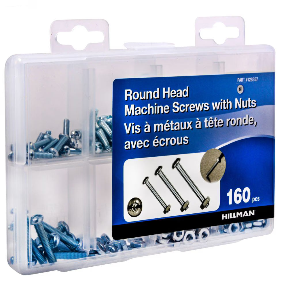 Hillman 6-32, 8-32, 10-32 Round Head Machine Screws w/ Nuts Kit-160pc