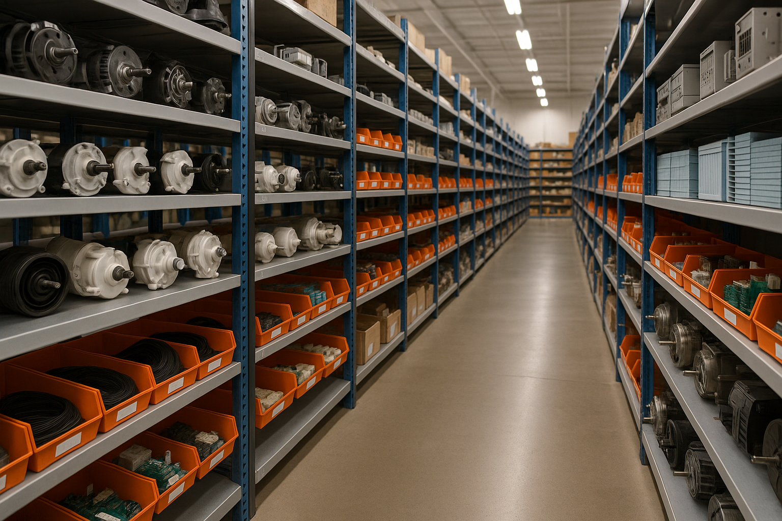 Professional appliance parts warehouse with organized shelving and extensive inventory