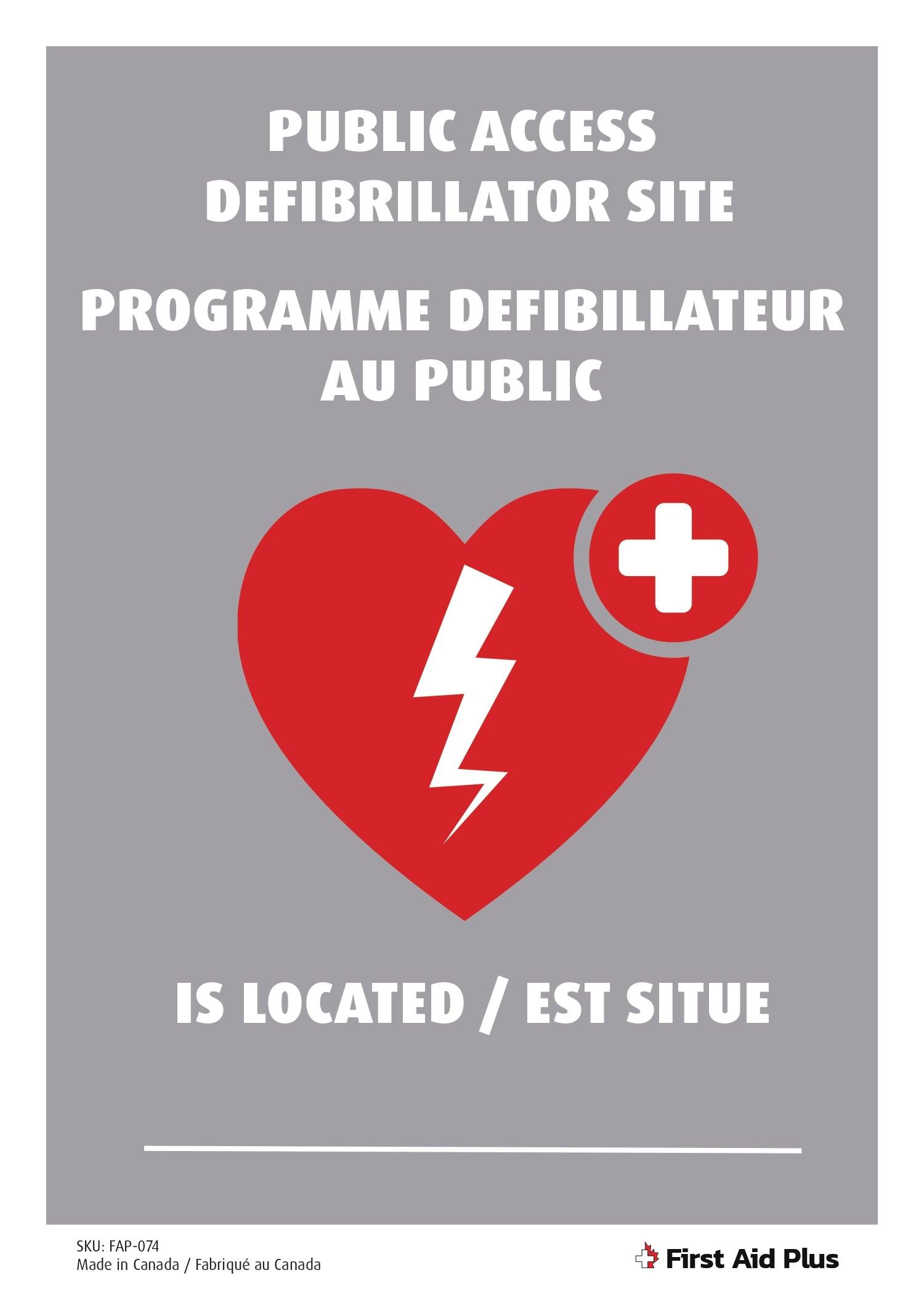 Public Access Defibrillator Site Sign, AED Location Sign, Plastic, Bilingual, 14"x10"