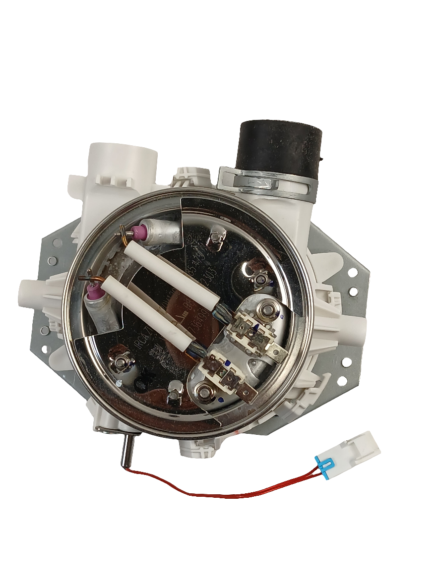 XPart Supply ABT72989202 dishwasher pump assembly top view showing metal chamber plastic housing and connector