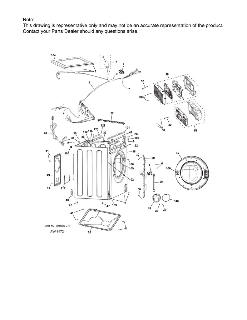 Exploded parts diagram of front load washer showing control boards drum door panels WG04F11465 washer power board assembly