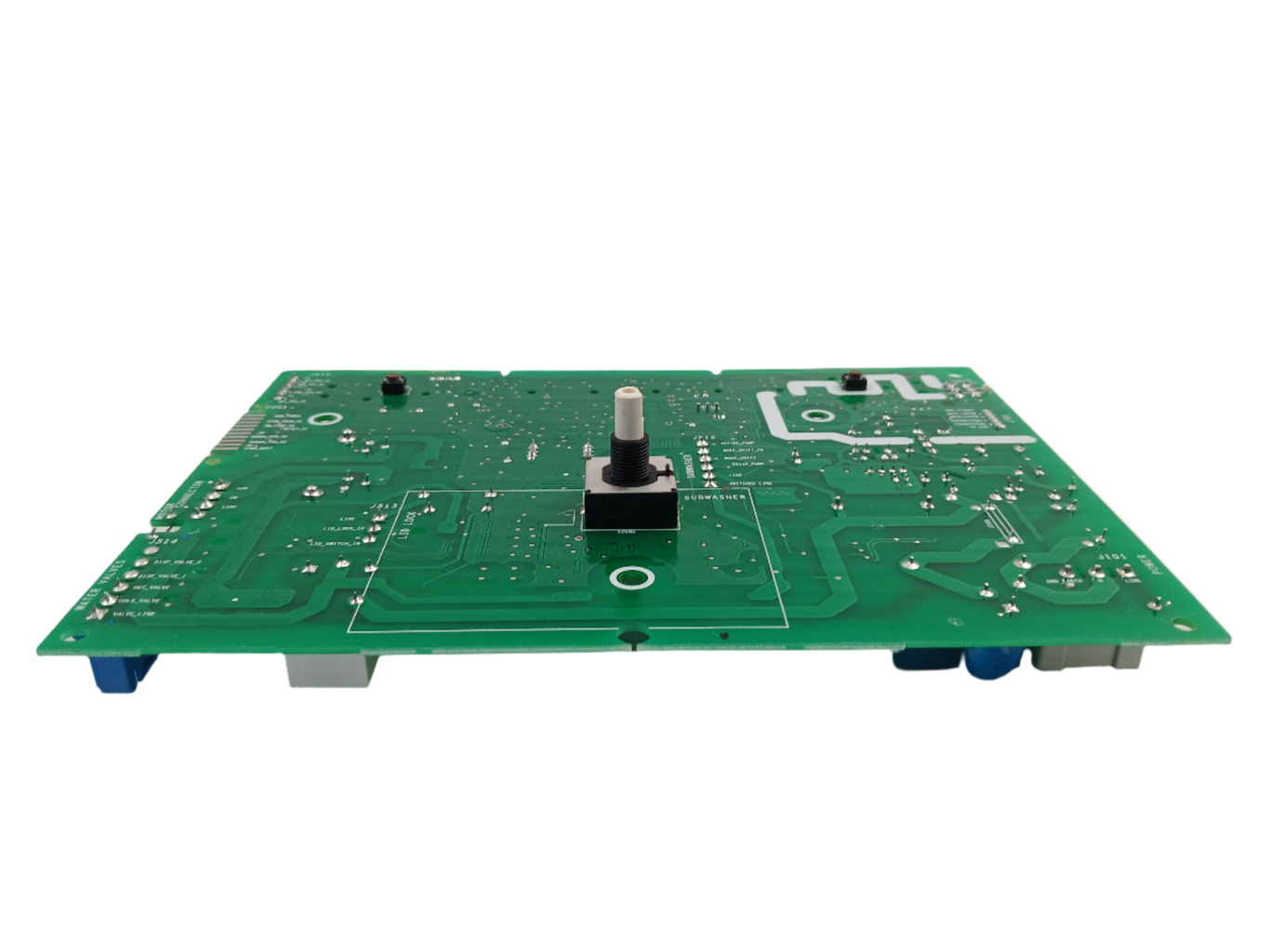 WW01F01730 washer control board green circuit PCB with rotary shaft and mounting grommets on black background