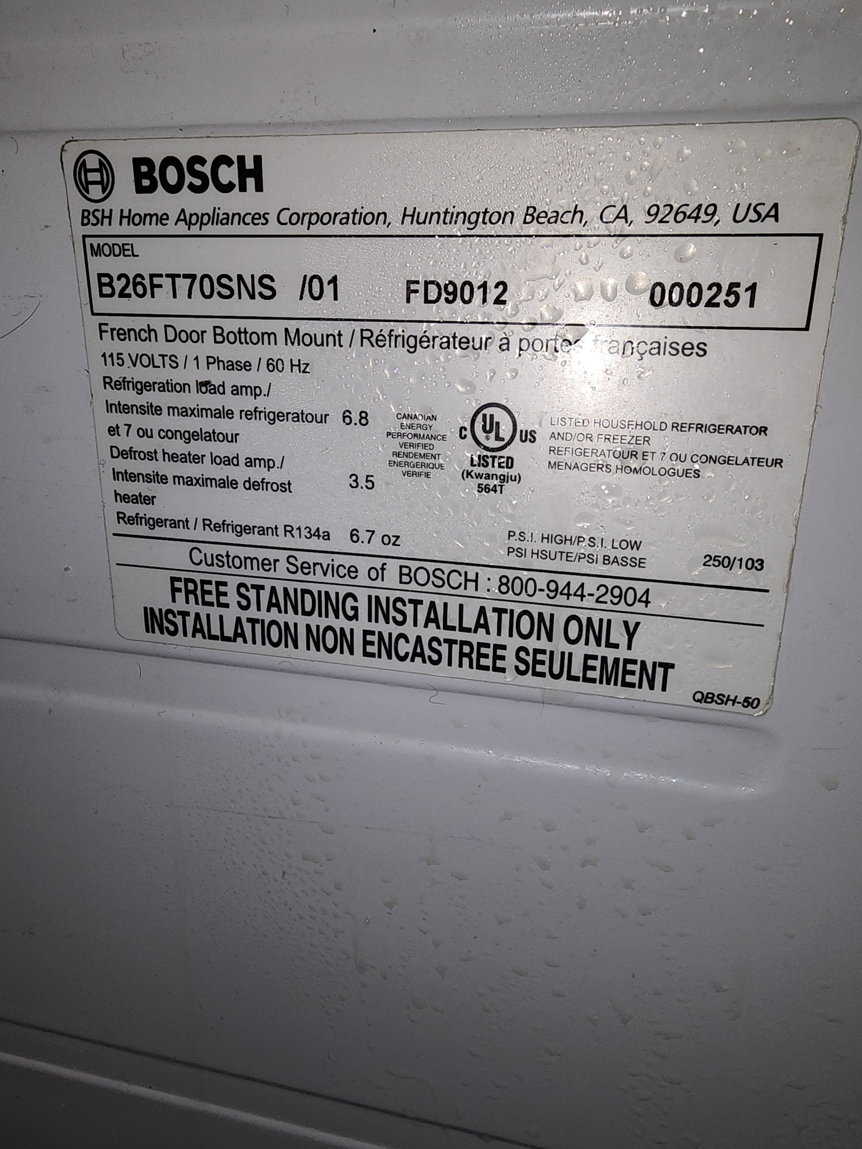 Bosch Refrigerator, Bottom Mount