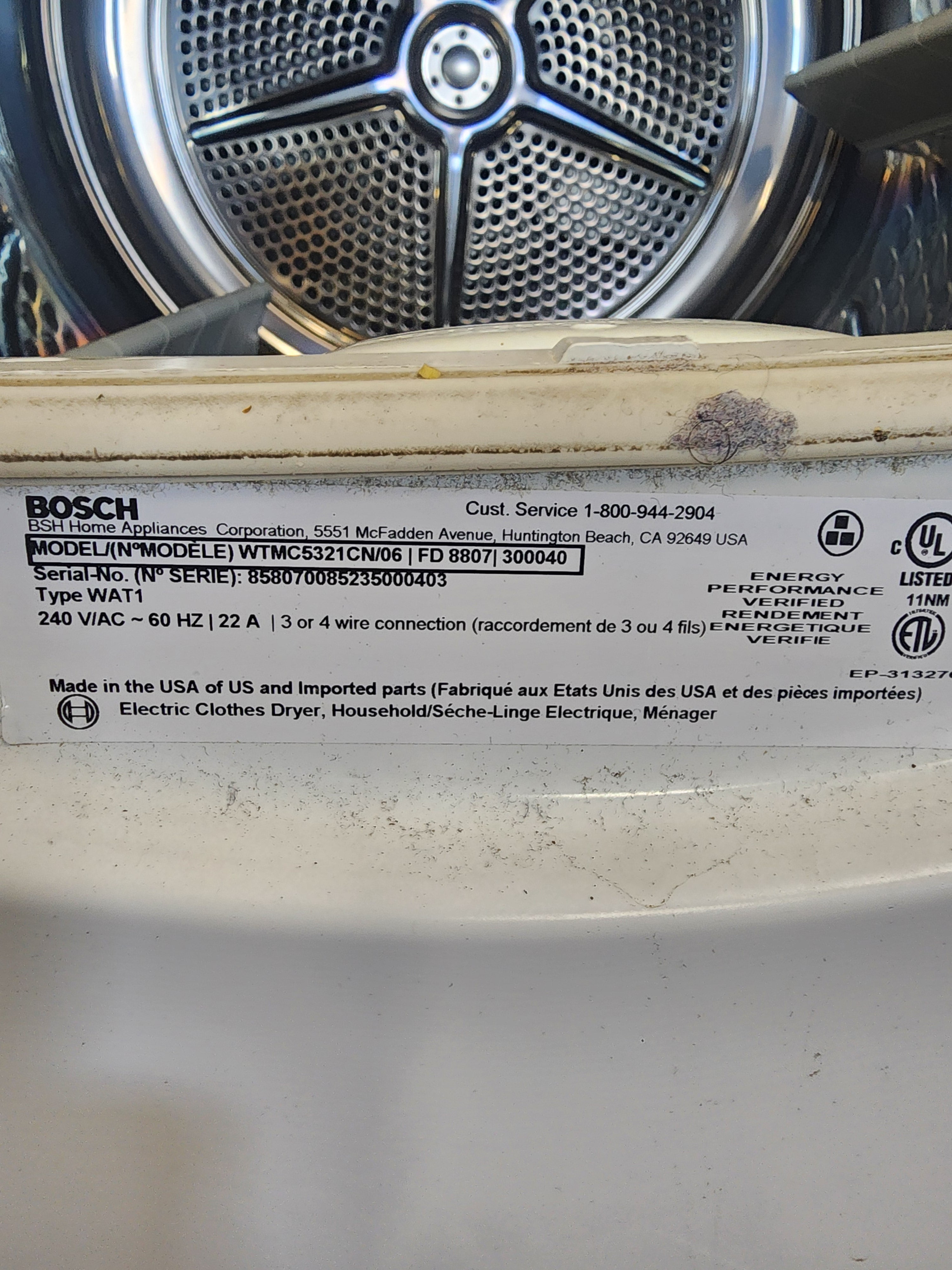 #0150 Bosch Dryer WTMC5321CN/06