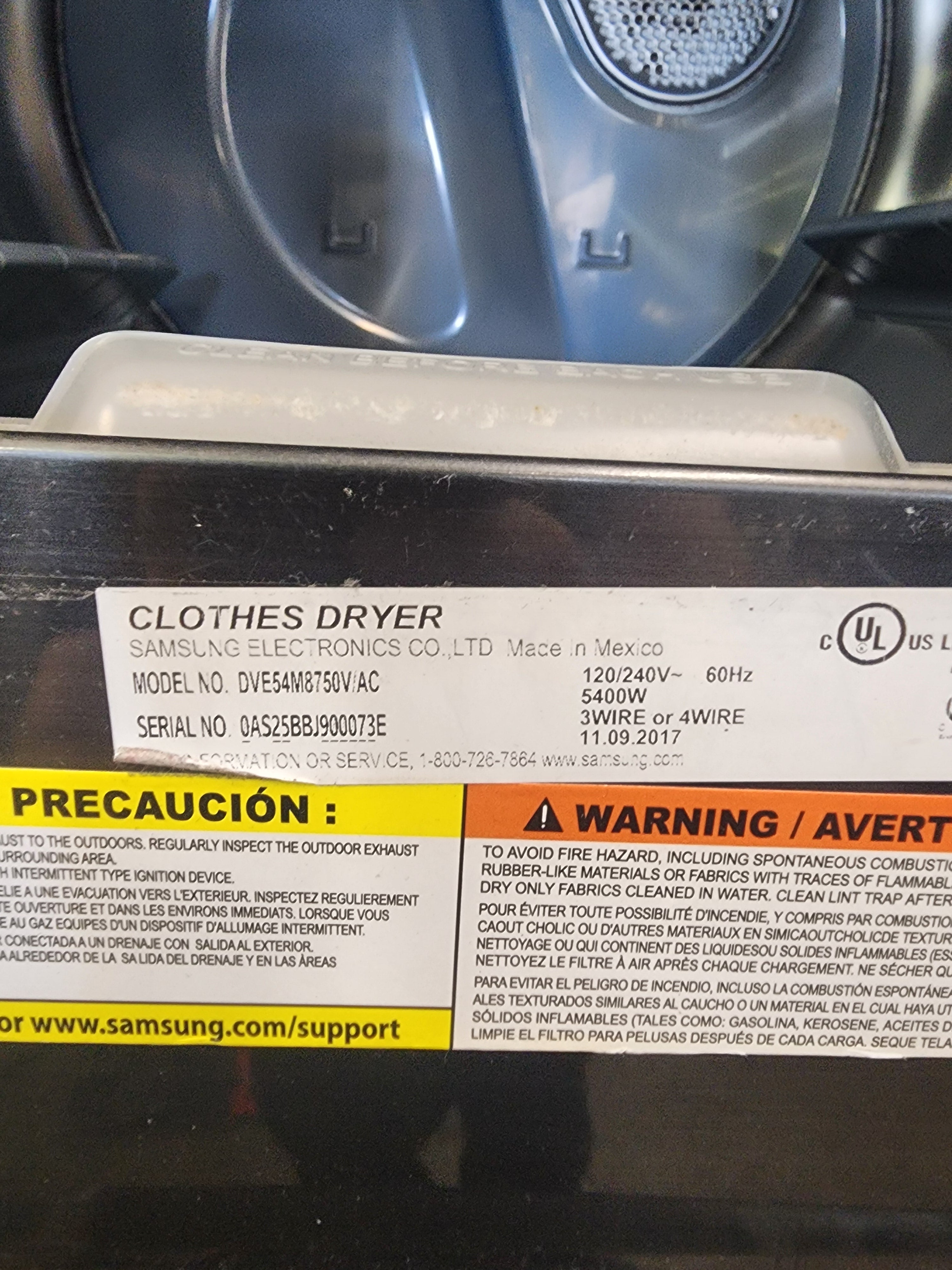 #0161 Samsung Dryer DVE54M8750V/AC
