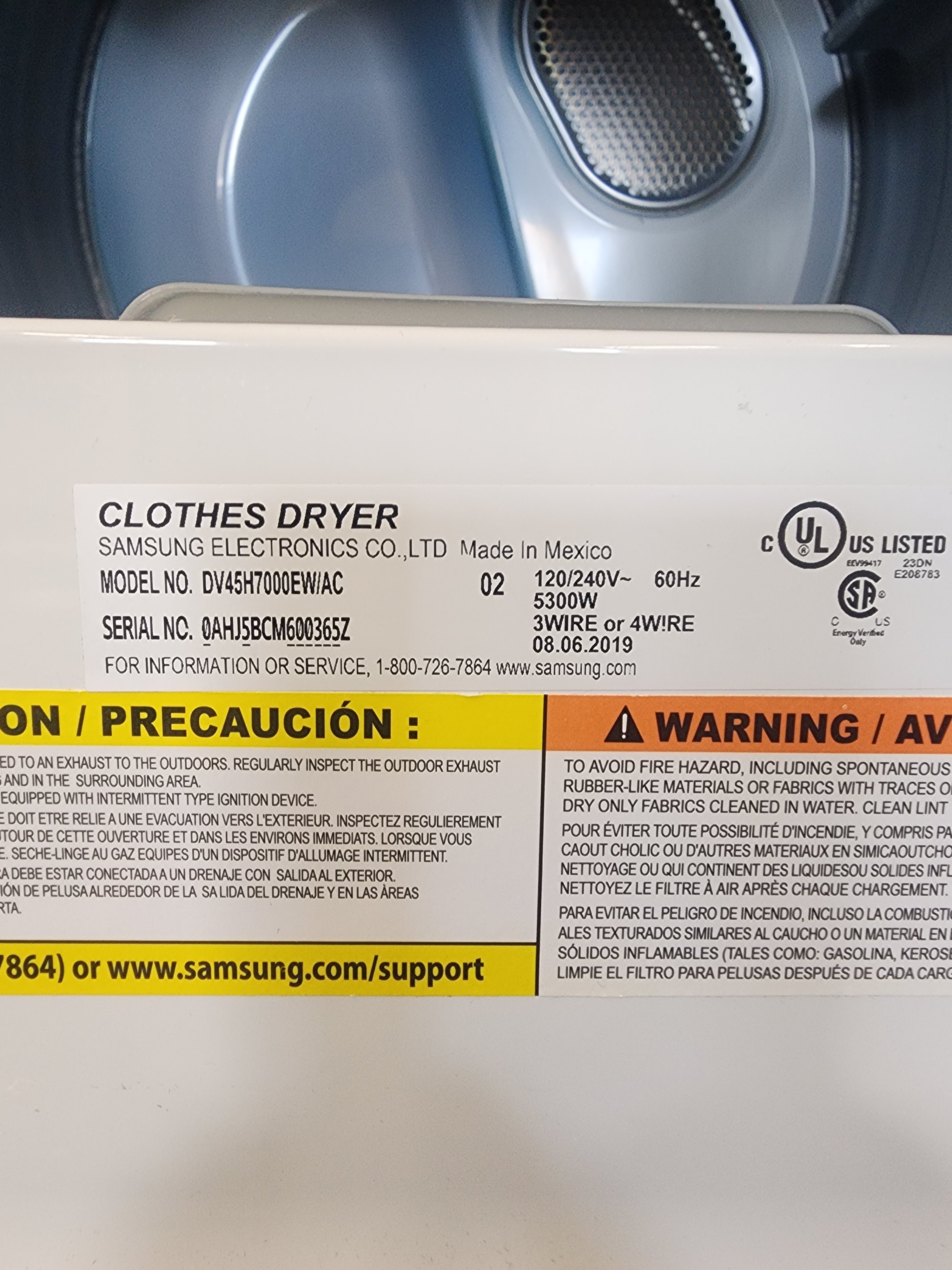 #0142 Samsung Dryer DV45H7000EW/AC