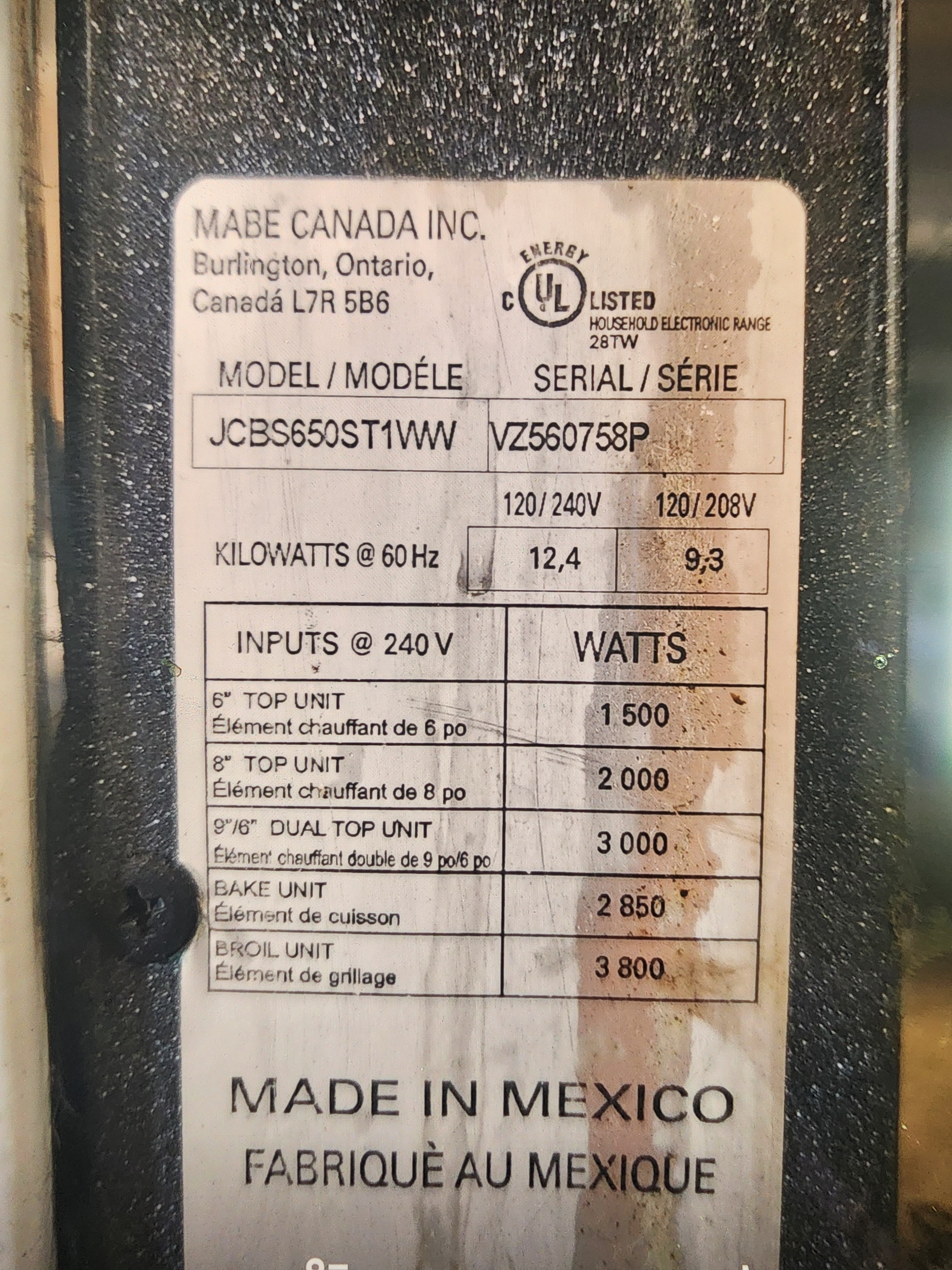 GE Oven JCBS650ST1WW used parts appliance photo