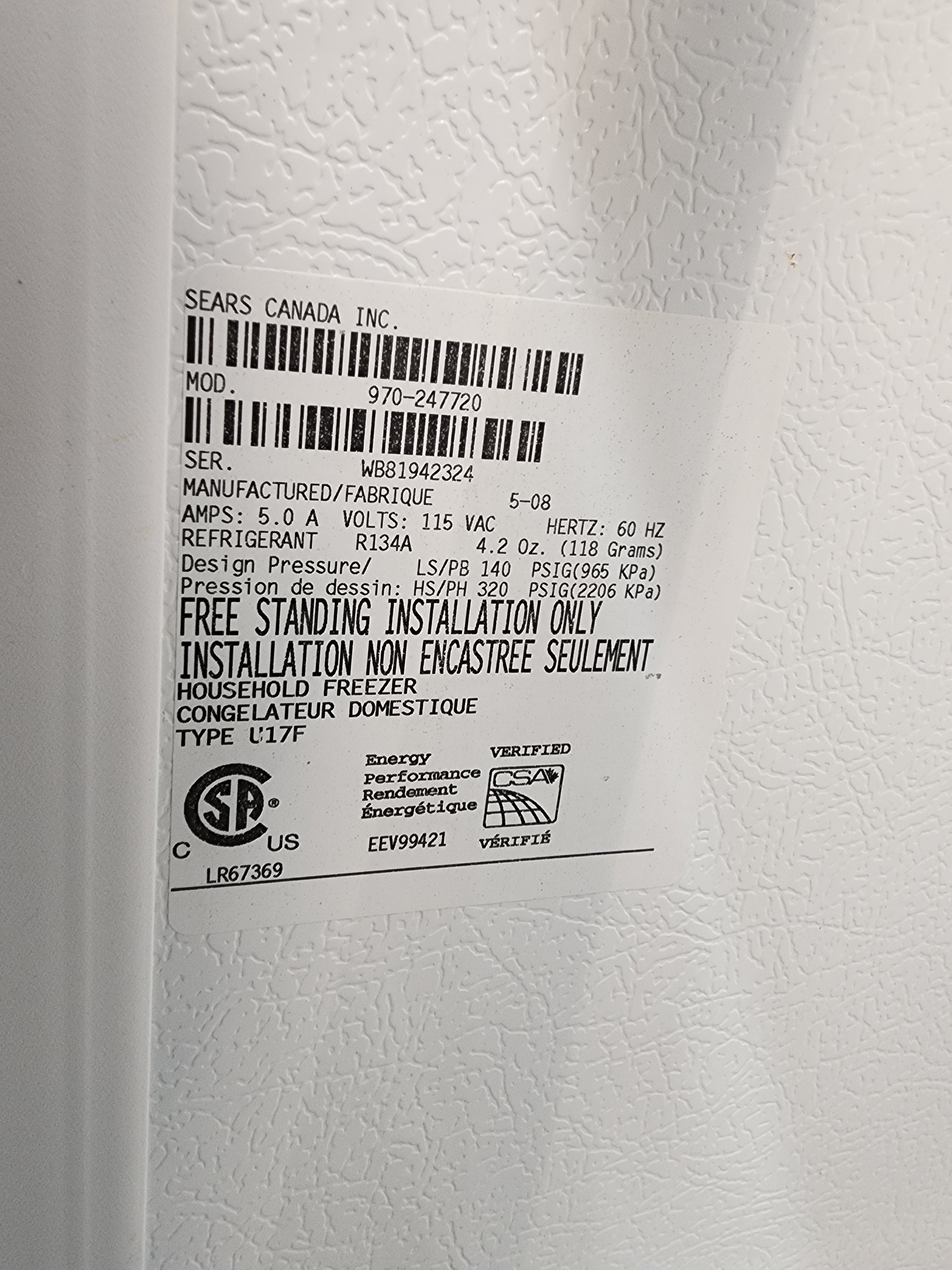 Kenmore Freezer - 970-247720