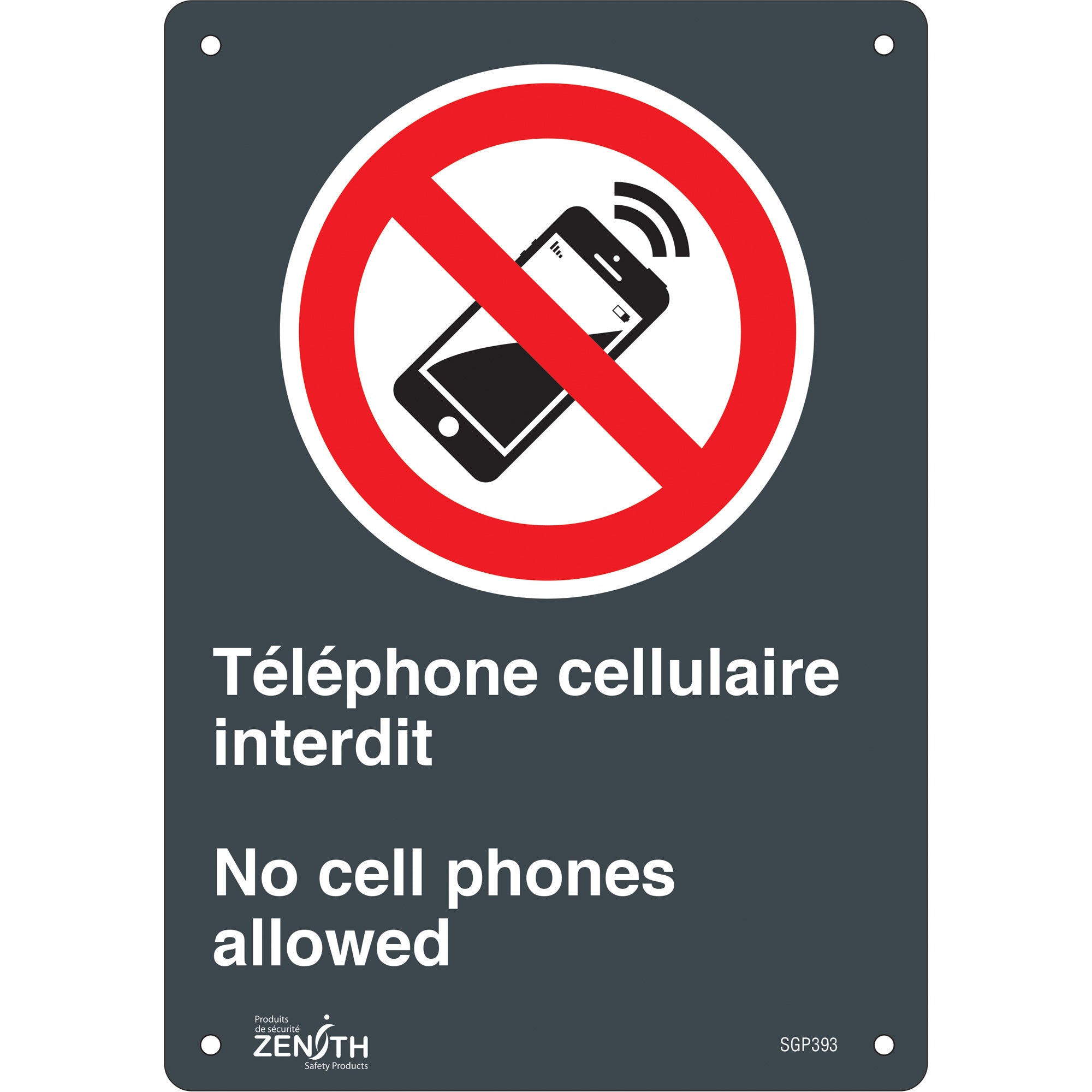 "Téléphone cellulaire interdit /No Cell Phones" Sign, 10" x 7", Plastic, Bilingual with Pictogram