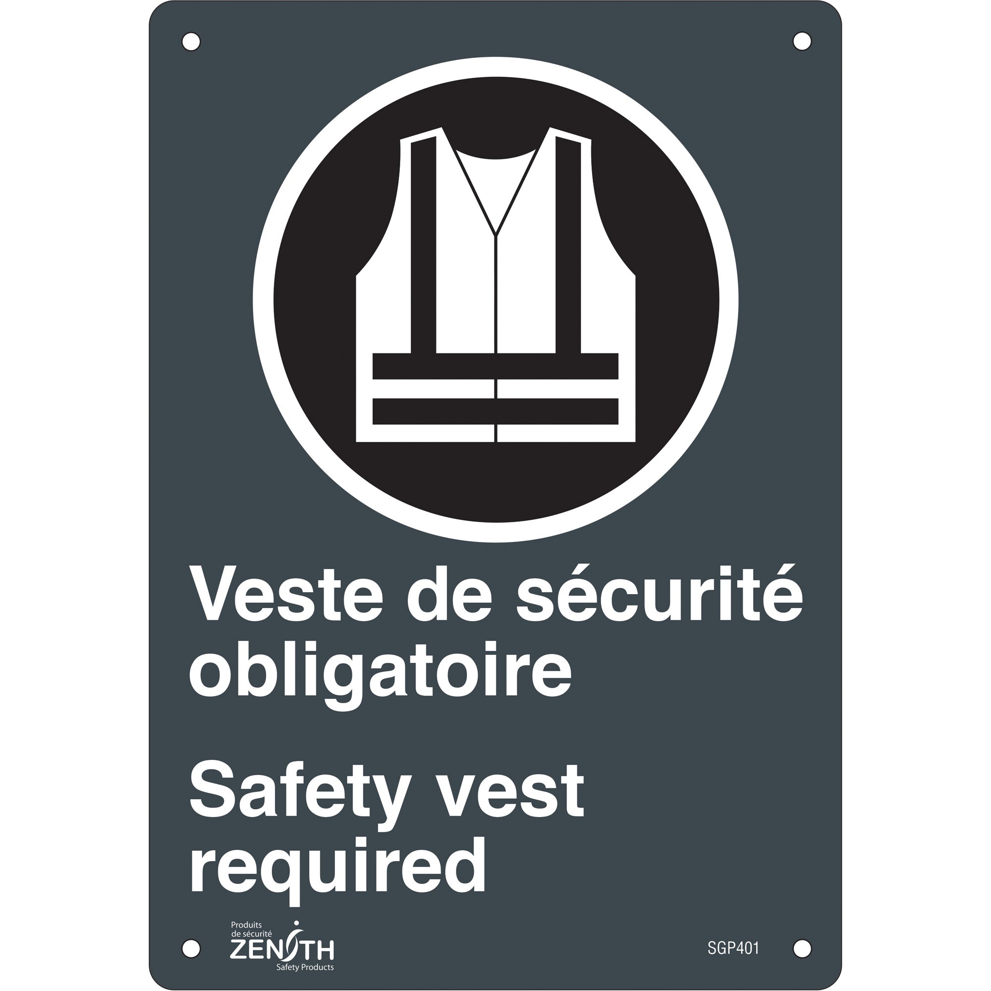 "Port du dossard obligatoire/Safety Vest Required" Sign, 10" x 7", Plastic, Bilingual with Pictogram