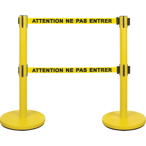 Dual Belt Crowd Control Barrier, Steel, 35" H, Yellow Tape, 7' Tape Length