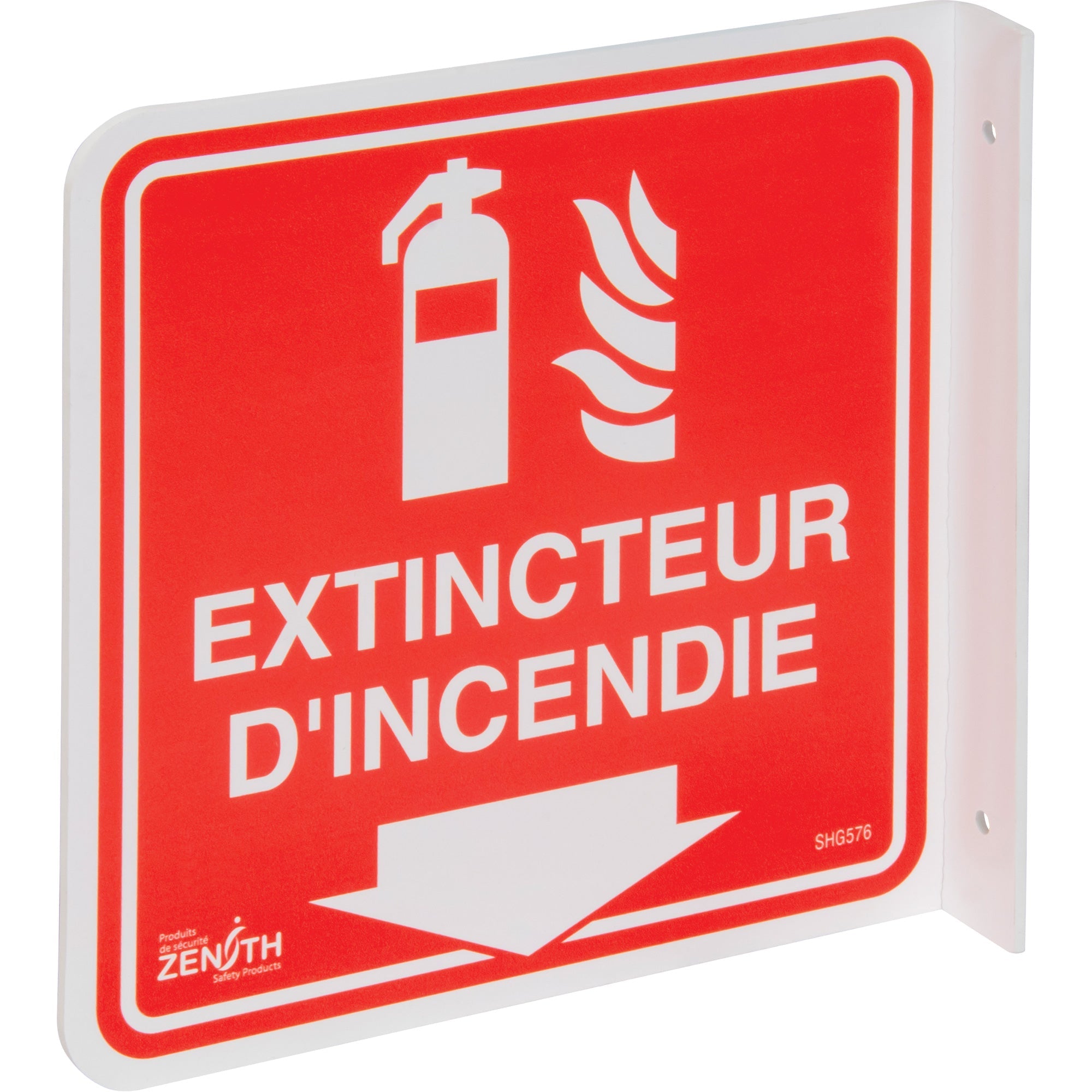 90° Projecting "Extincteur d'Incendie" Sign, 8" x 8", Plastic, French with Pictogram