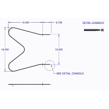 Technical diagram of Supco CH5104 oven bake element showing detailed measurements and console connection