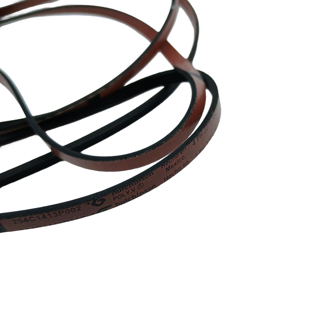 Close-up of Supco LB29897 dryer drive belt showing belt texture and markings on black background