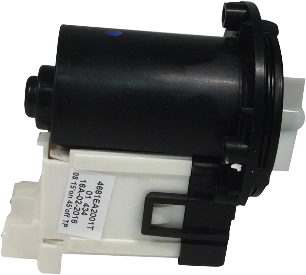 Supco LP2001T drain pump assembly with black motor and white plastic housing for appliance repair