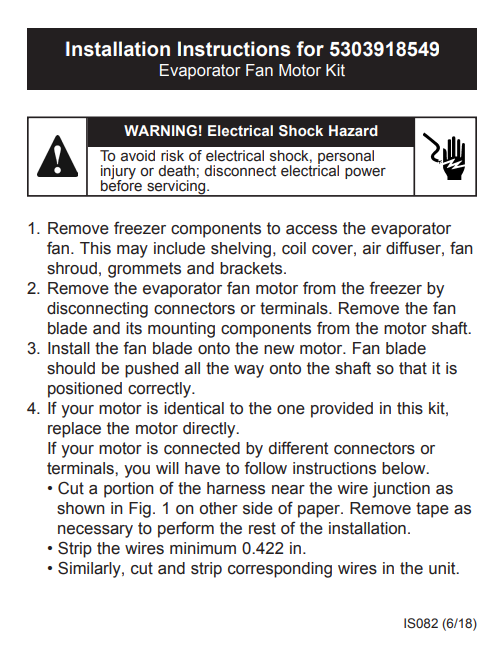 Installation instructions sheet for XPart Supply evaporator fan motor kit warning of electrical shock hazards