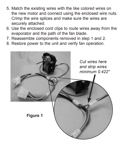 XPart Supply motor wiring with wire nuts and cord clips showing wire cutting and stripping instructions