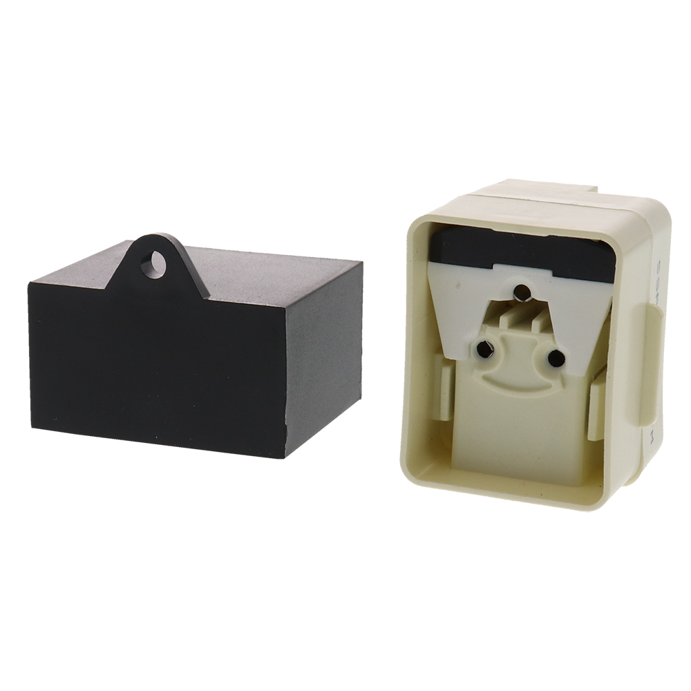 XPart Supply W10613606 refrigerator start device with black and white plastic components on black background