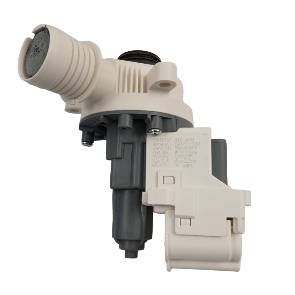 XPart Supply W10919003 washer water pump replacement in white and gray plastic housing