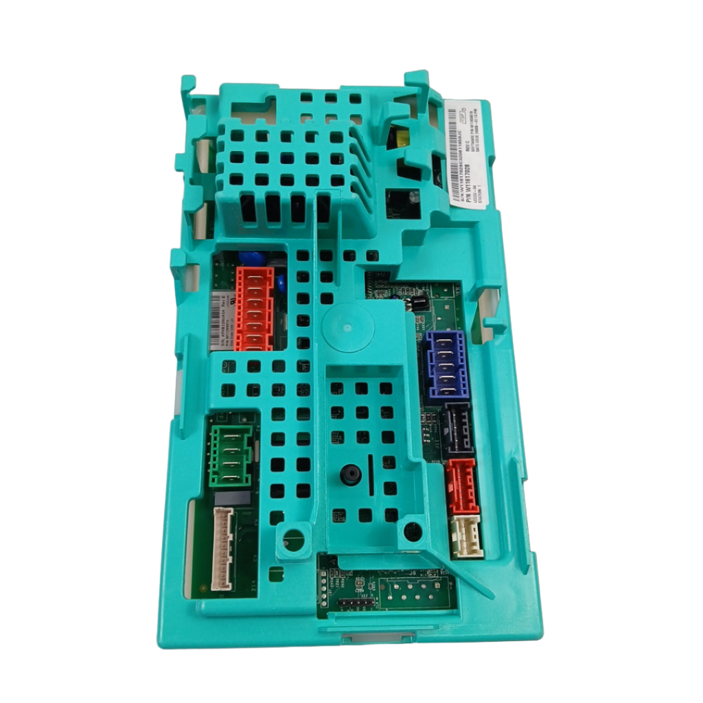 W11657965 washer control board replacement by XPart Supply with multiple connectors and turquoise housing