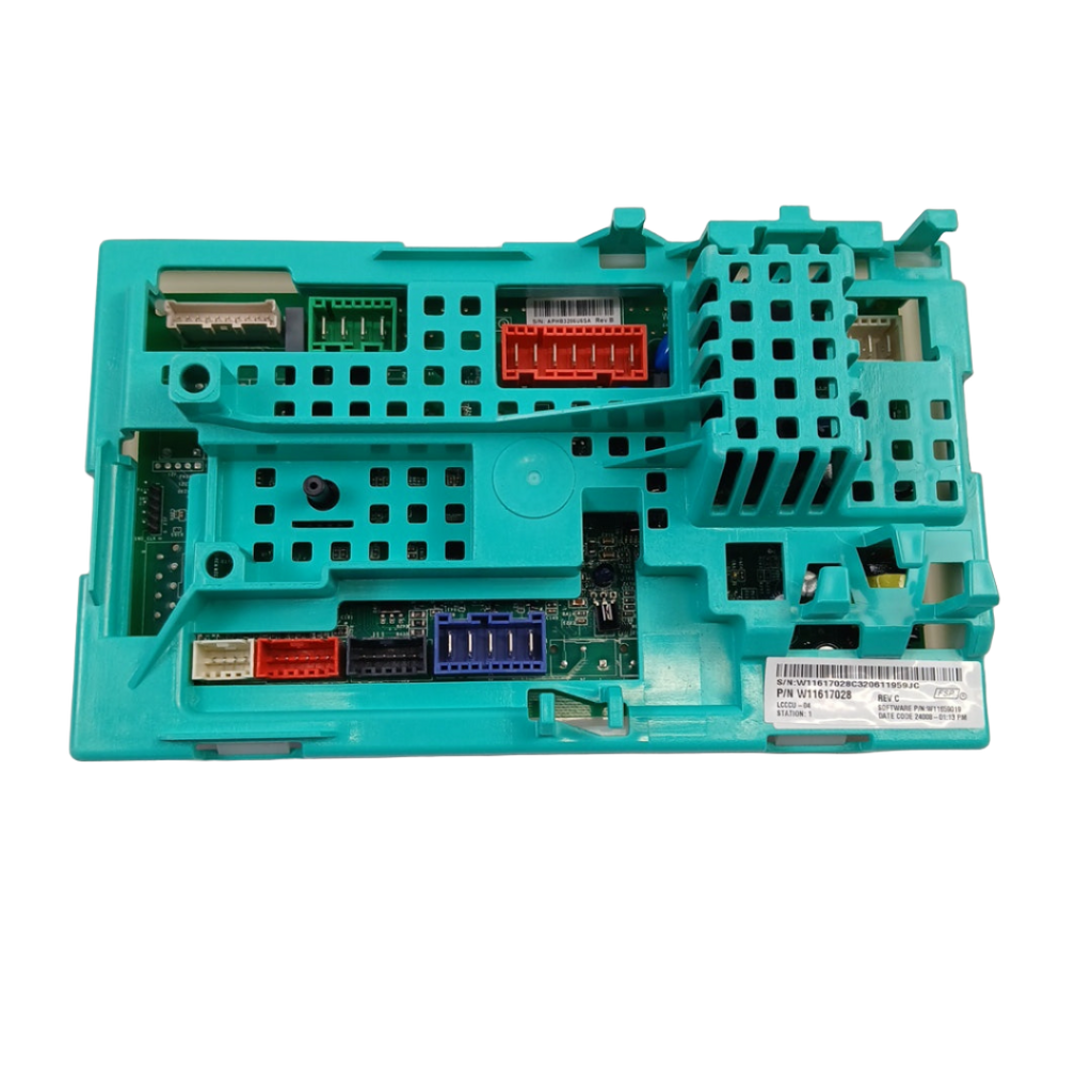 W11657965 washer control board replacement part by XPart Supply with multiple connectors in turquoise casing