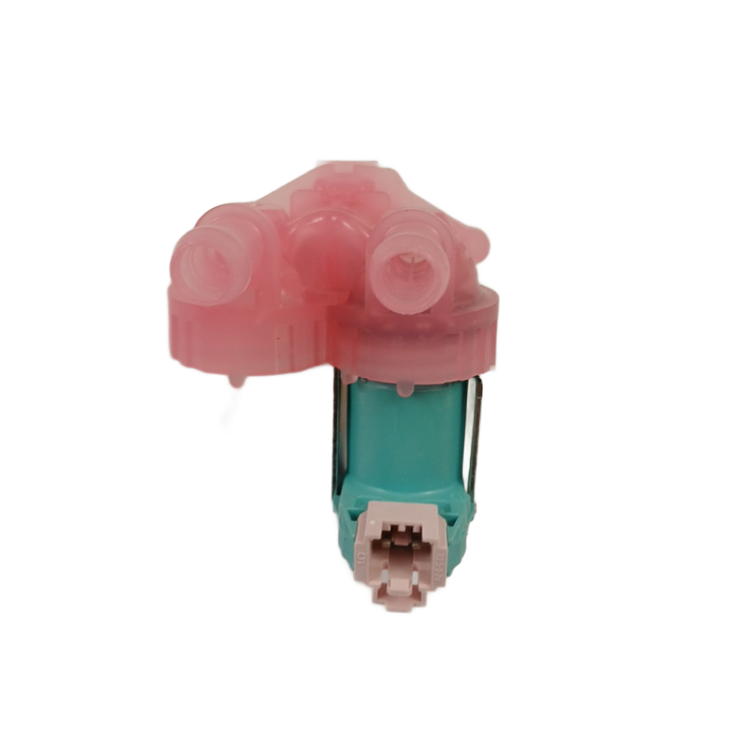 XPart Supply W11688994 washer water inlet valve with pink and teal plastic housing isolated on black