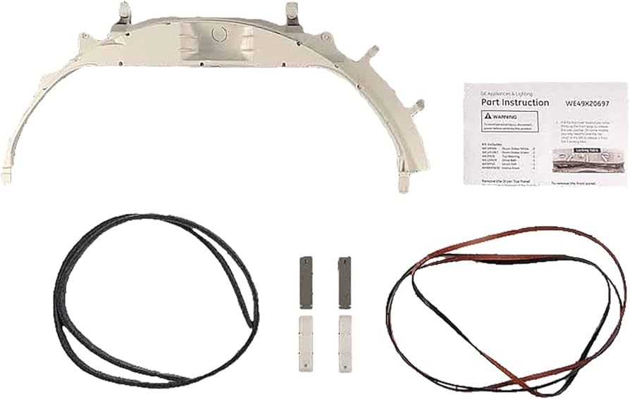 XPart Supply WE49X20697 dryer maintenance kit including drum glide, belts, sliders, and installation instructions