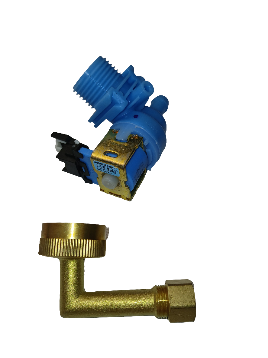 XPart Supply W10648041 dishwasher water inlet valve blue plastic solenoid and brass elbow fitting on black background