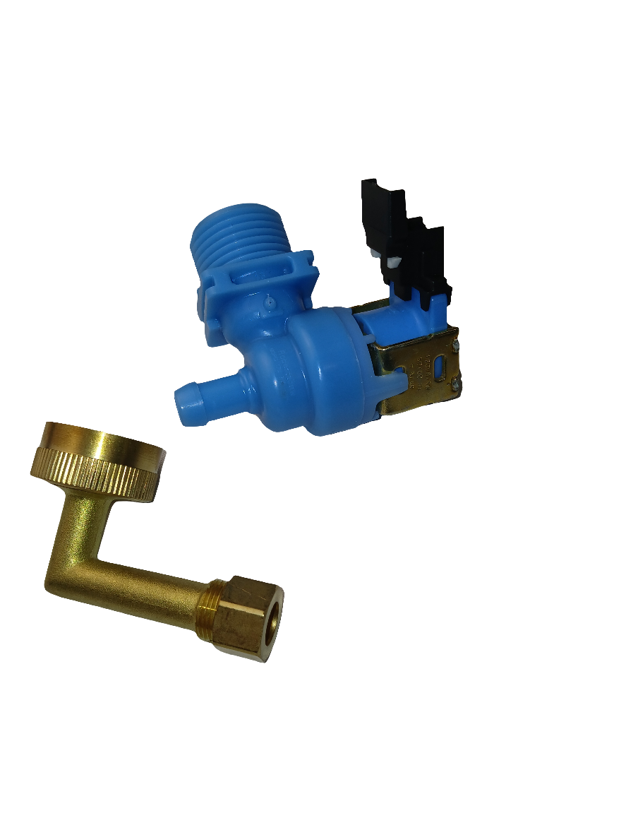 W10648041 dishwasher water inlet valve blue plastic valve with brass elbow fitting on black background