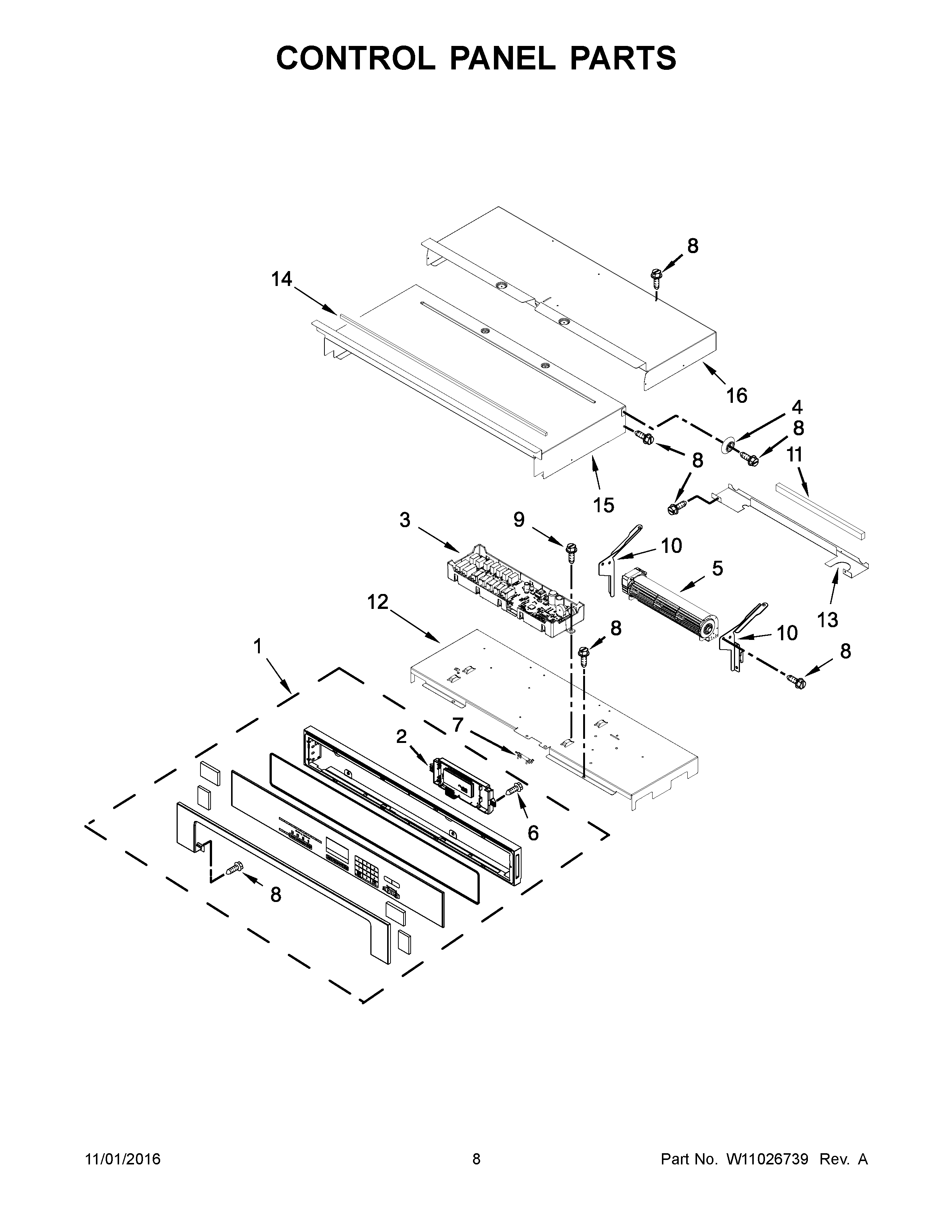 W10864193 wall oven control panel replacement exploded parts diagram showing front panel touchpad and internal assembly