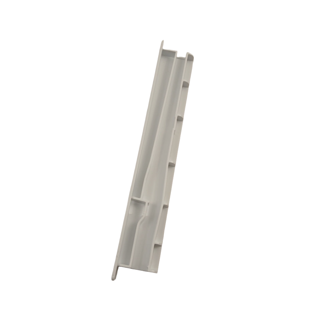 White plastic WPW10671238 refrigerator crisper drawer slide rail replacement part shown vertically by XPart Supply