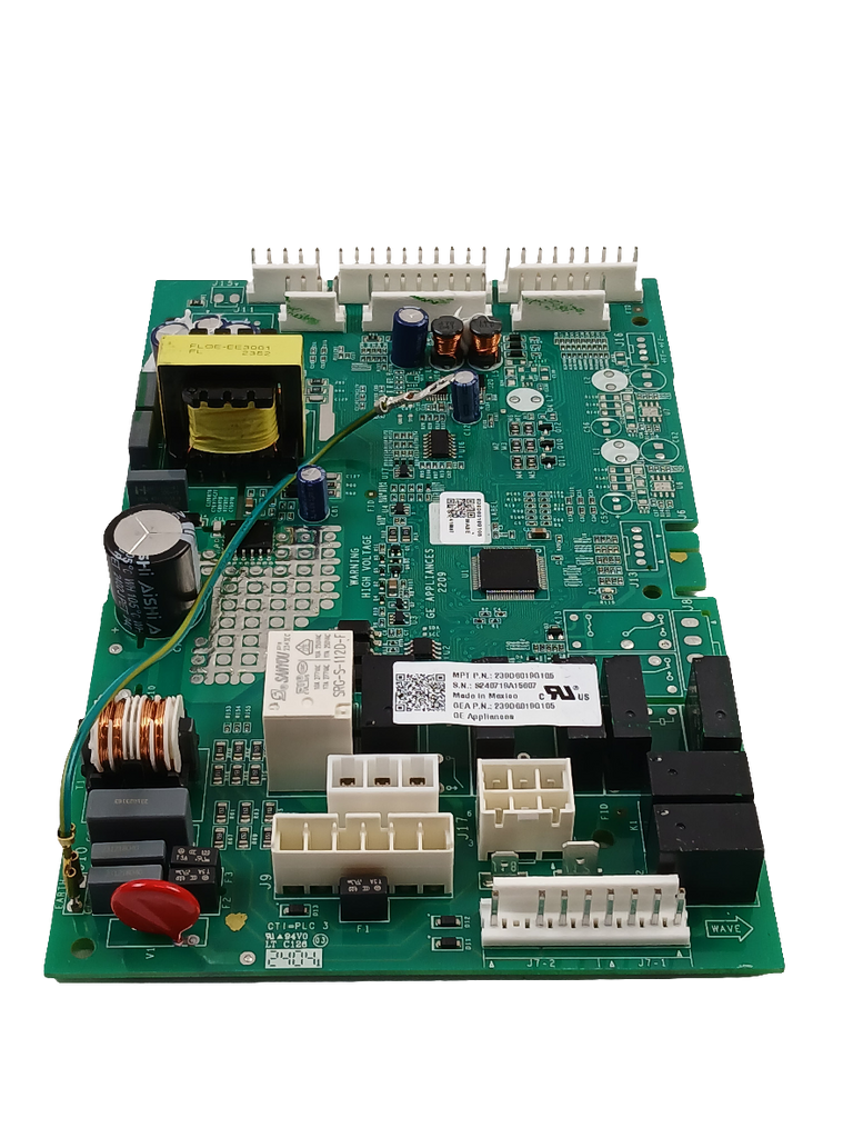 WR01F05358 refrigerator control board replacement green circuit board with relays capacitors and multiple wiring connectors