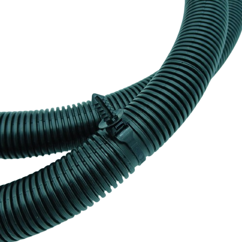 Close-up of black flexible WW01F02060 washing machine hose with ribbed texture and securing clip