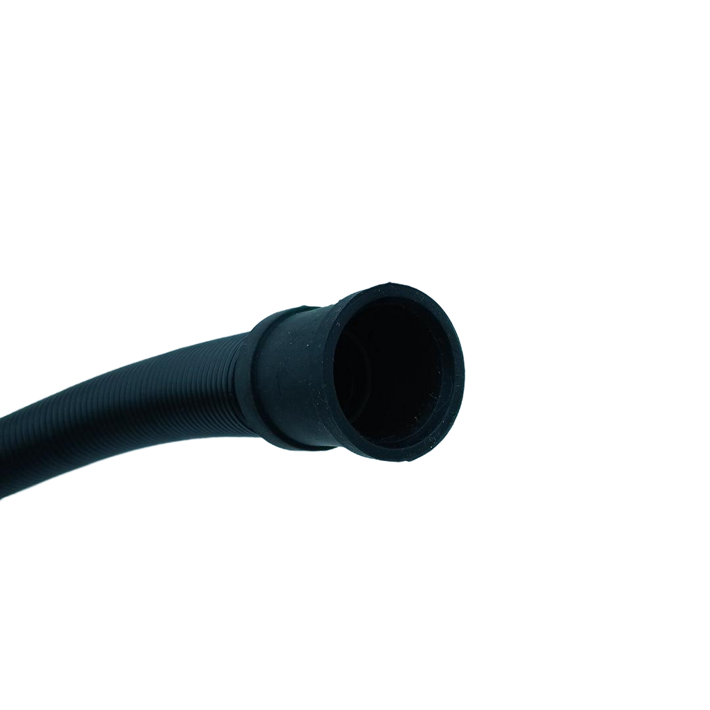 Flexible black WW01F02060 washing machine hose with ribbed texture and wide connector end