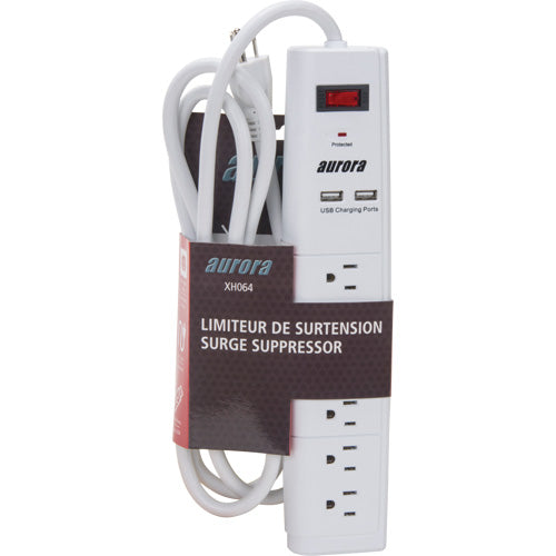 USB Charging Surge Protector, 6 Outlets, 1200 J, 1875 W, 6' Cord