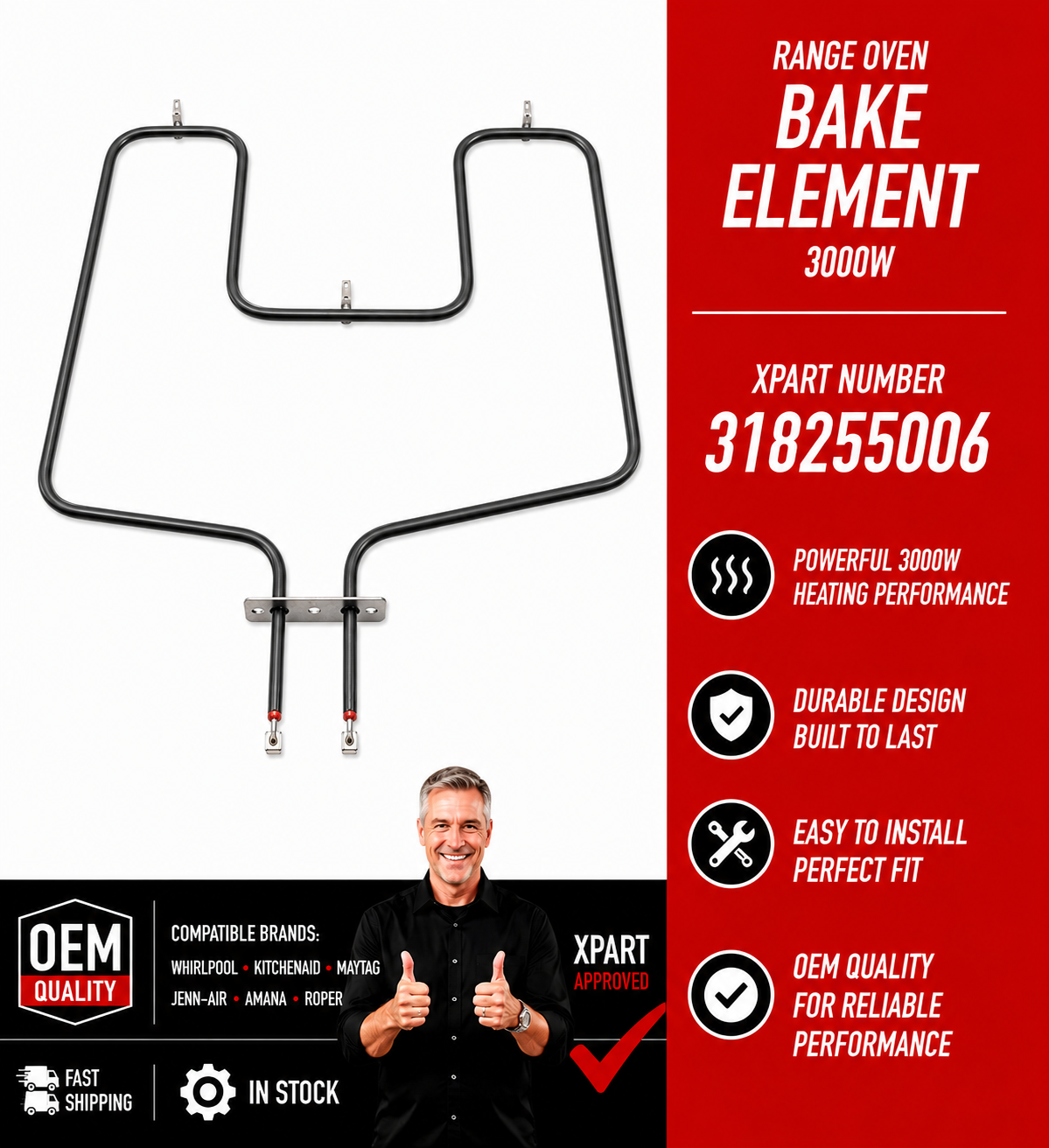 Range oven bake element with Xpart number 318255006 on a white and red background.
